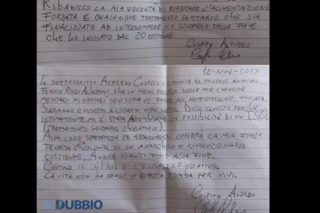 La lettera di Alfredo Cospito pubblicata in esclusiva dal Dubbio