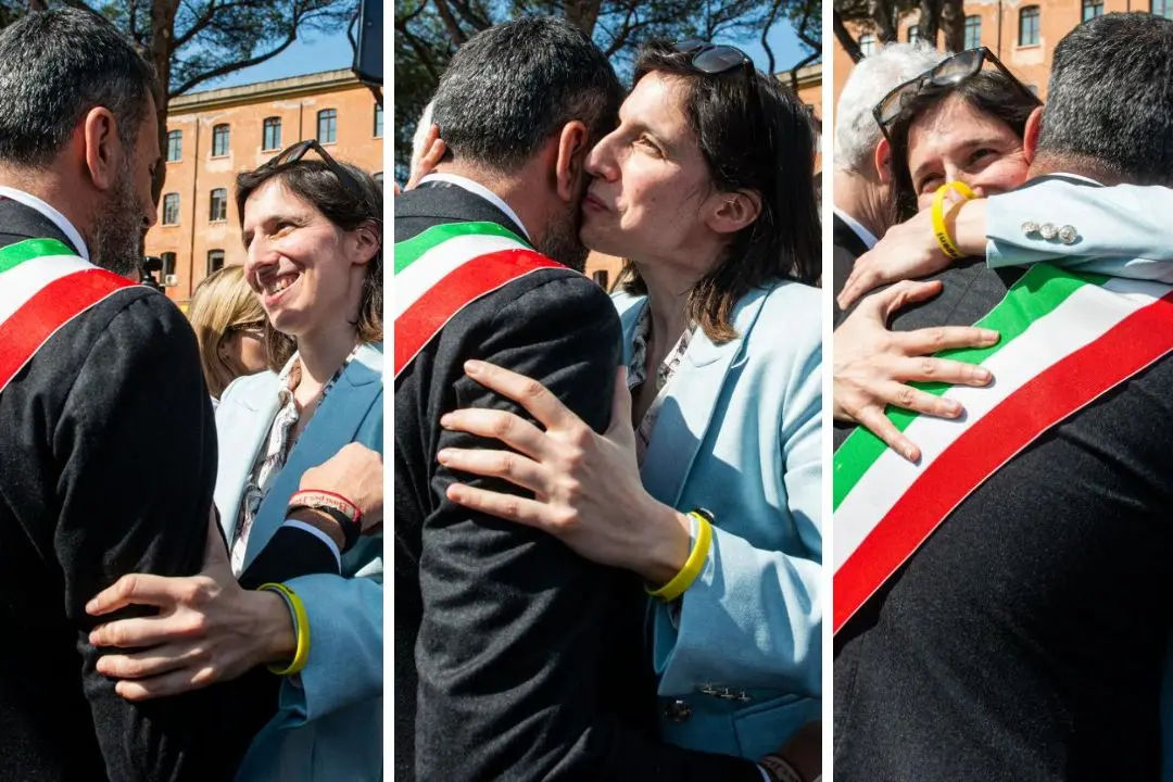 L\\'abbraccio tra la segretaria del Pd Elly Schlein e il sindaco di Bari Antonio Decaro