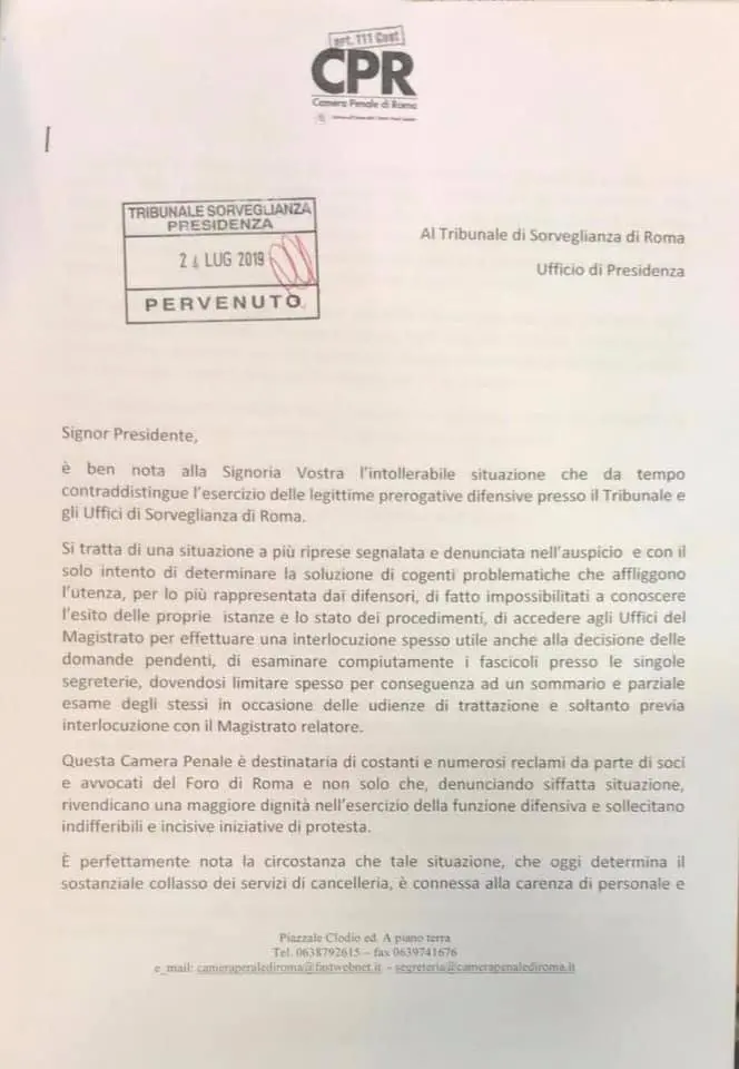 La lettera inviata dalla Camera penale di Roma al presidente del Tribunale di Sorveglianza capitolino