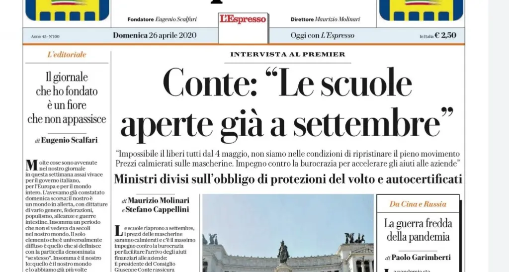 L’editto di Conte su Repubblica: «Scuole? A settembre, forse. Dal 4 maggio nessun liberi tutti»
