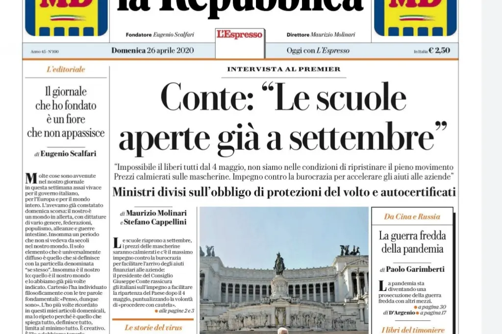 La prima pagina di Repubblica oggi in edicola col titolo d\\'apertura sull\\'innovativa intervista a Giuseppe Conte