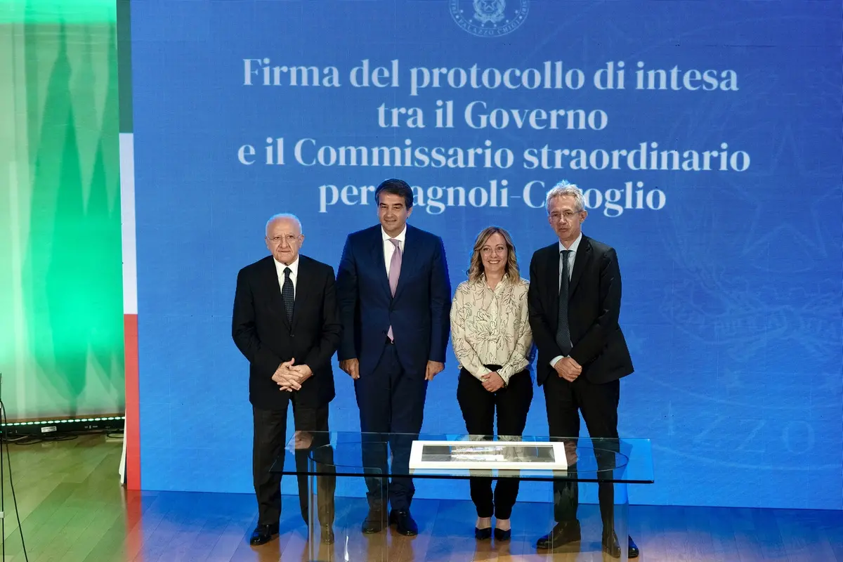 IL PRESIDENTE DEL CONSIGLIO GIORGIA MELONI, VINCENZO DE LUCA PRESIDENTE REGIONE CAMPANIA, RAFFAELE FITTO MINISTRO PER GLI AFFARI EUROPEI PER LE POLITICHE DI COESIONE E PER IL PNRR, GAETANO MANFREDI SINDACO DI NAPOLI , IMAGOECONOMICA