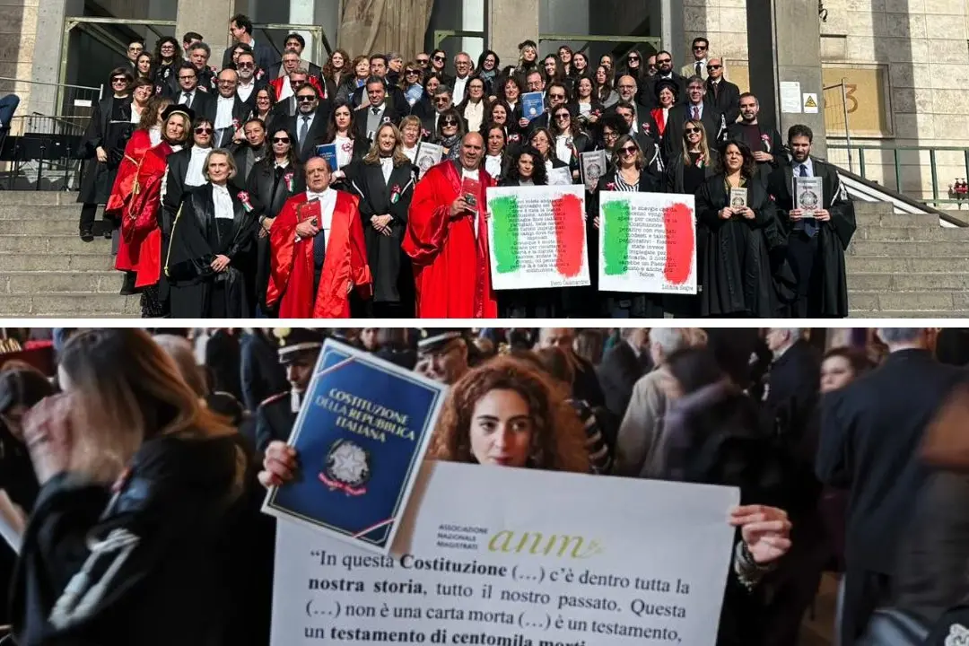 In alto la protesta dei magistrati a Catania; in basso a Milano