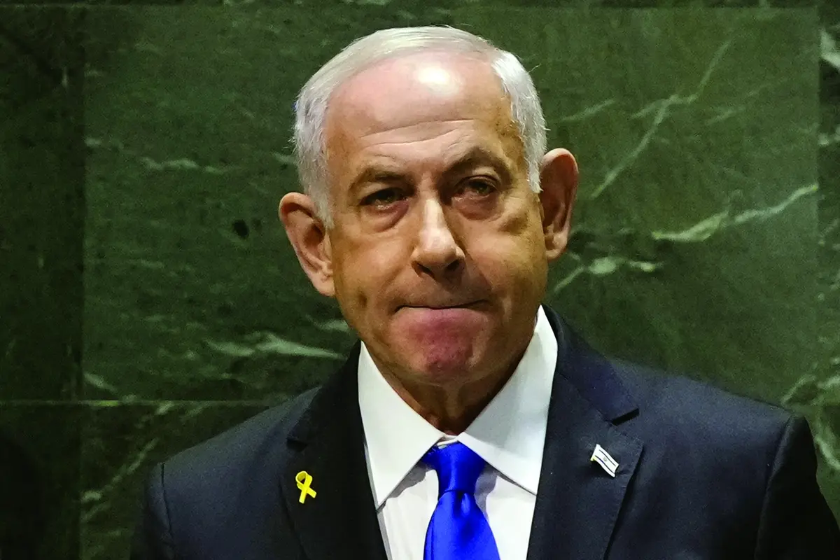 Israel Prime Minister Benjamin Netanyahu listens to audience applause after his address to the 79th session of the United Nations General Assembly, Friday, Sept. 27, 2024. (AP Photo/Richard Drew) Associated Press / LaPresse Only italy and Spain , APN