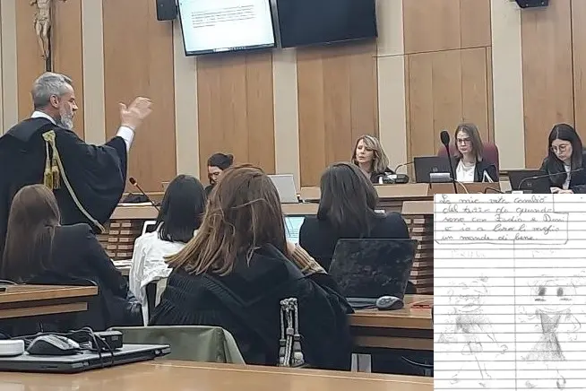 L\\'avvocato Andrea Stefani. In basso a destra, un disegno della bambina sulla sua vita con le affidatarie