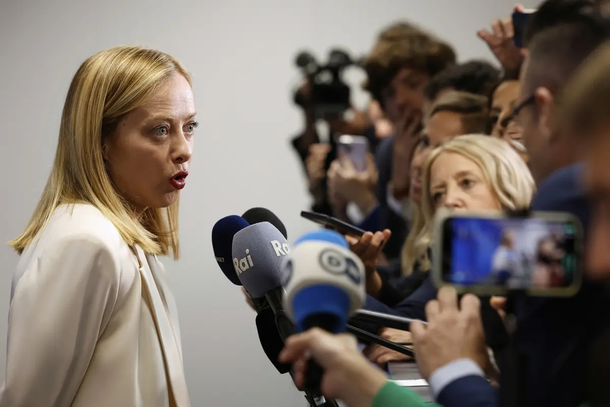 Italy\\'s Prime Minister Giorgia Meloni speaks during a media conference at the NATO summit in The Hague, Netherlands, Wednesday, June 25, 2025. (AP Photo/Geert Vanden Wijngaert) , APN