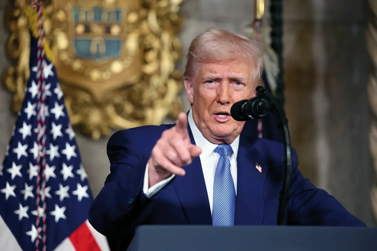 President Donald Trump speaks to the media at Mar-a-Lago, Tuesday, Feb. 18, 2025, in Palm Beach, Fla. (Pool photo via AP) Associated Press/LaPresse , apn