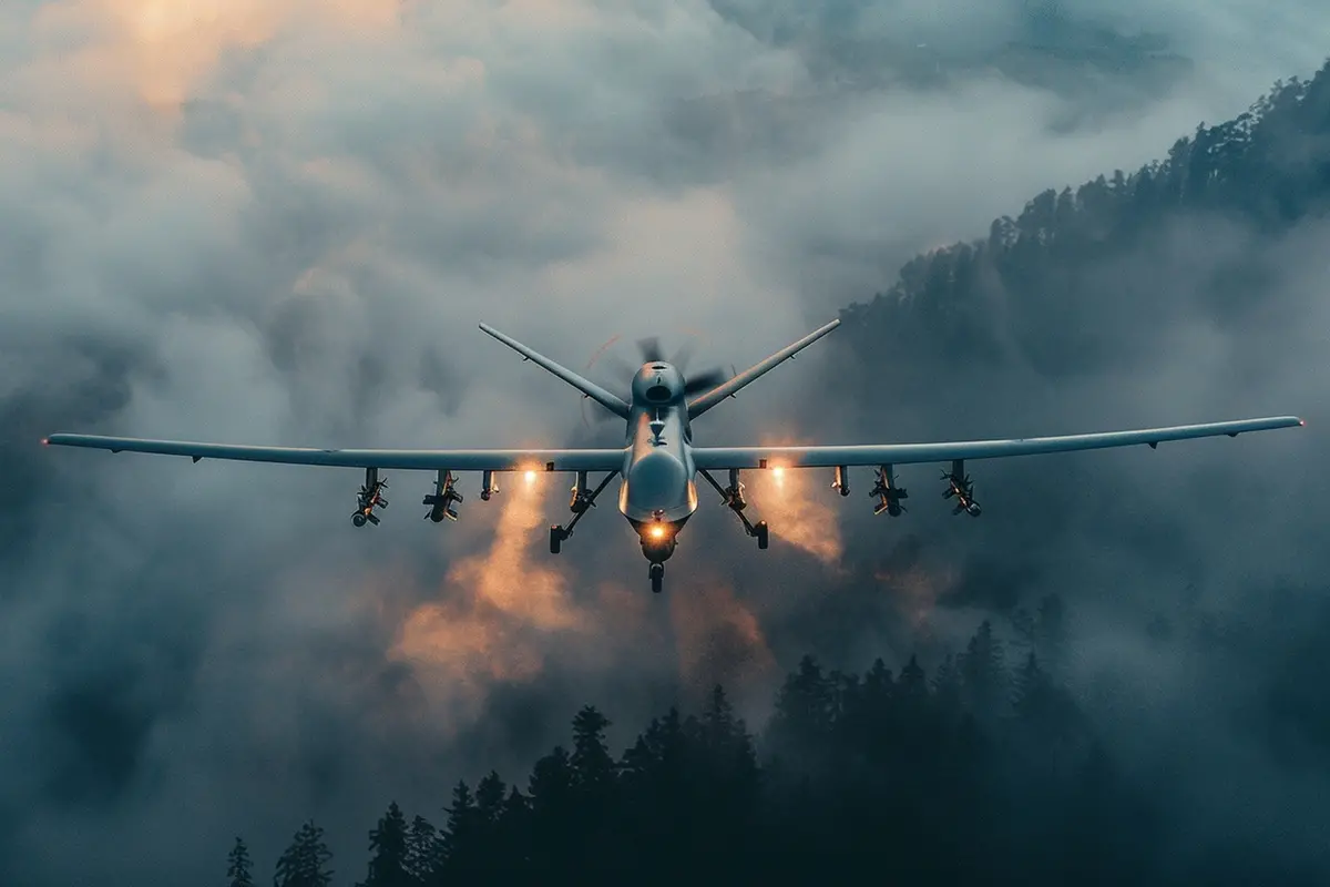 ATTACCO CON DRONI MILITARI DRONE MILITARE GUERRIGLIA GUERRA COMBATTIMENTO GENERATE AI IA , IMAGOECONOMICA