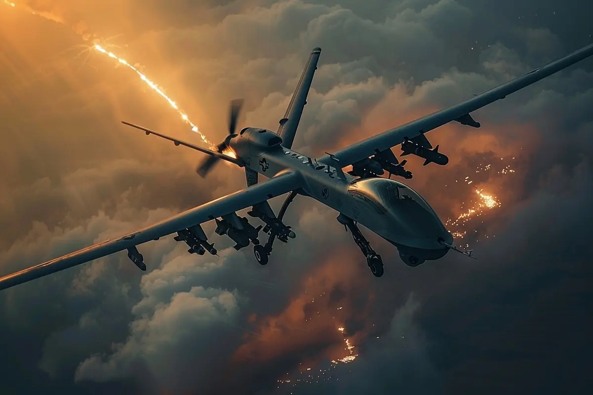 ATTACCO CON DRONI MILITARI DRONE MILITARE GUERRIGLIA GUERRA COMBATTIMENTO GENERATE AI IA , IMAGOECONOMICA