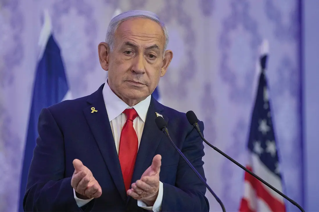 Israeli Prime Minister Benjamin Netanyahu speaks to the audience at a conference in Jerusalem, Sunday, July 27, 2025. (AP Photo/Ohad Zwigenberg) , APN