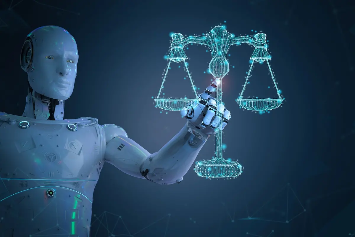 Internet law concept with 3d rendering ai robot with law scale