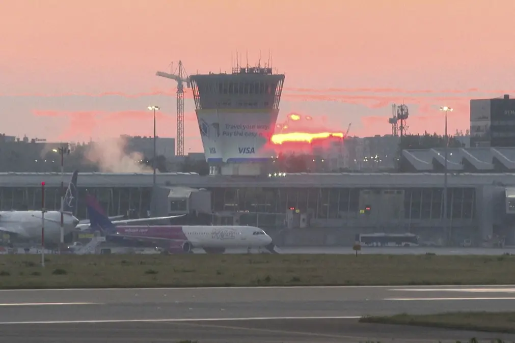 This image made from video shows airplanes parked at Chopin Airport in Warsaw, Poland, Wednesday, Sept. 10, 2025. (AP Photo) , APN