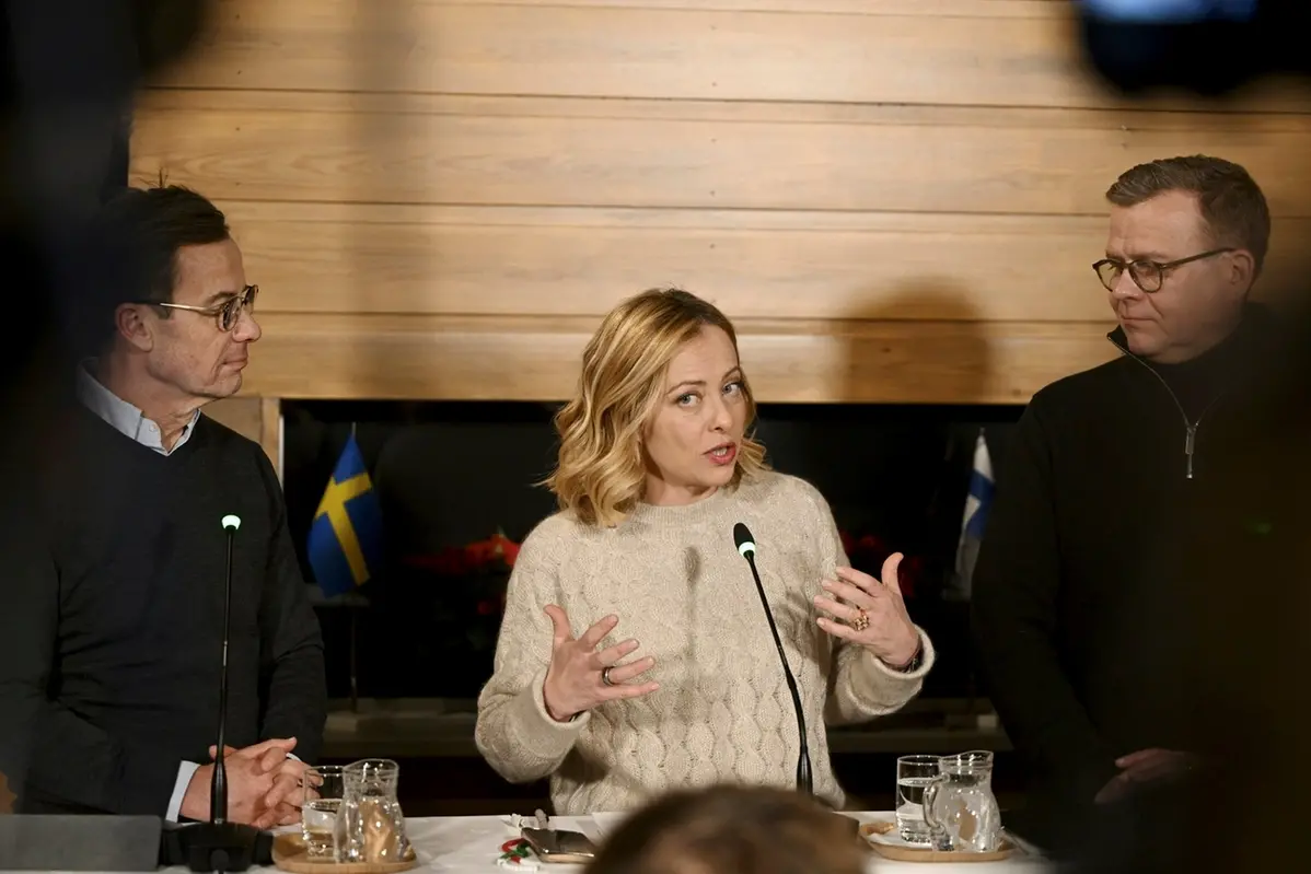 From left, Sweden\\\\\\'s Prime Minister Ulf Kristersson, Italy\\\\\\'s Prime Minister Giorgia Meloni and Finland\\\\\\'s Prime Minister Petteri Orpo attend a press conference during the North-South Summit in Inari, Finland, Sunday, Dec. 22, 2024. (Antti Aimo-Koivisto/Lehtikuva via AP) , APN