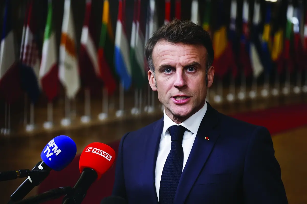 French President Emmanuel Macron speaks during a media conference at the end of an EU summit in Brussels, Thursday, March 20, 2025. (AP Photo/Geert Vanden Wijngaert) , APN