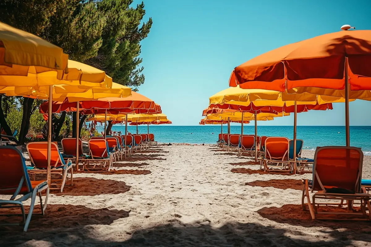 SPIAGGIA VUOTA SPIAGGE VUOTE LETTINI OMBRELLONI LETTINO OMBRELLONE ESTATE MARE STABILIMENTO BALNEARE STABILIMENTI BALNEARI TURISMO GENERATE AI IA , IMAGOECONOMICA