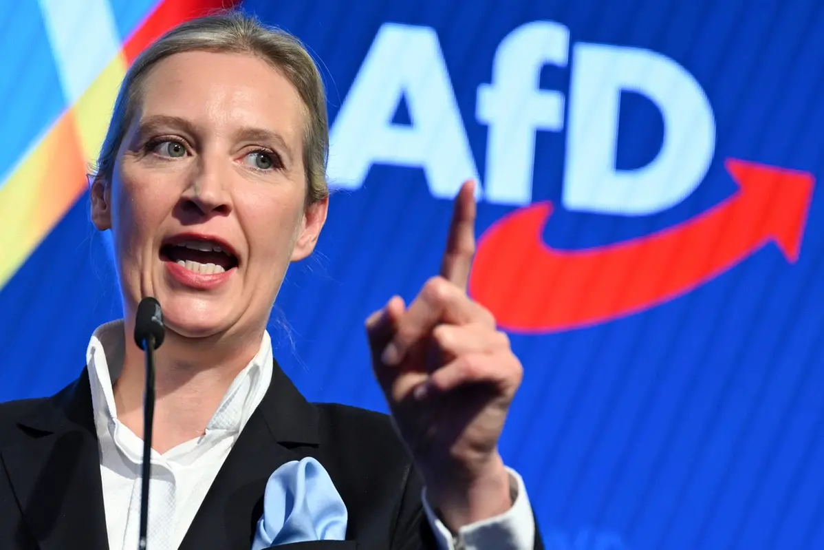 Alice Weidel, co-leader of the Alternative for Germany (AfD), speaks during the election party at the party\\'s headquarters in Berlin Germany, Sunday, Feb. 23, 2025. (Soeren Stache/DPA via AP, Pool) , APN