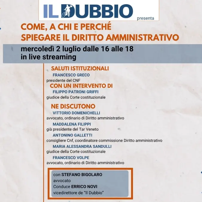 Il diritto amministrativo è vita quotidiana: domani evento on line del Dubbio