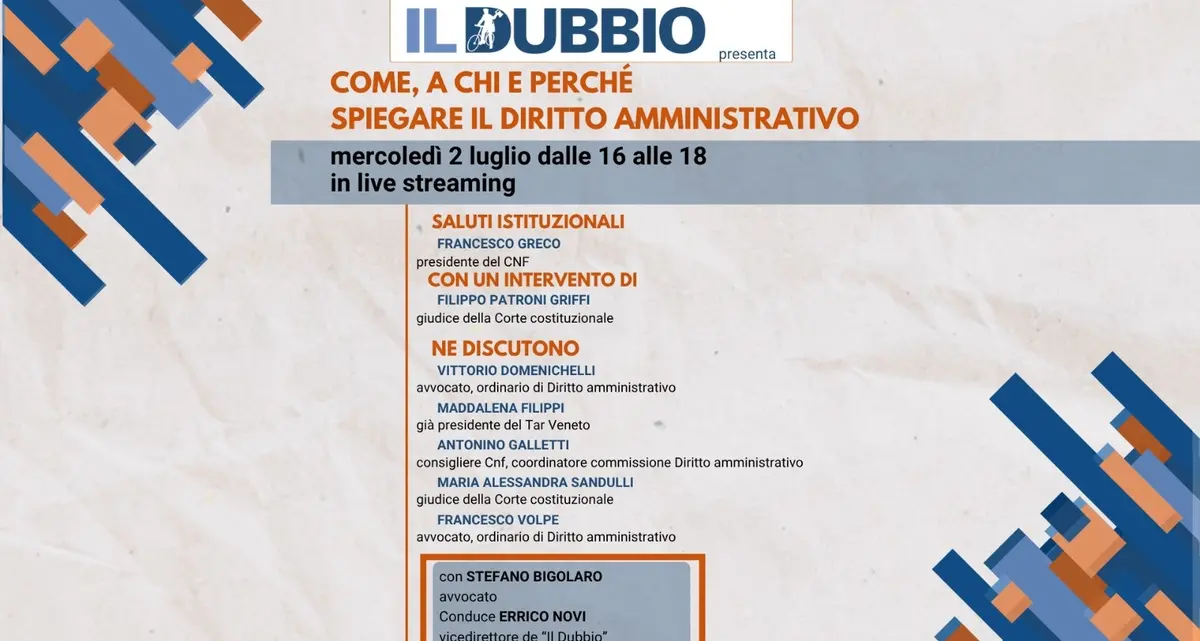 Il diritto amministrativo è vita quotidiana: domani evento on line del Dubbio