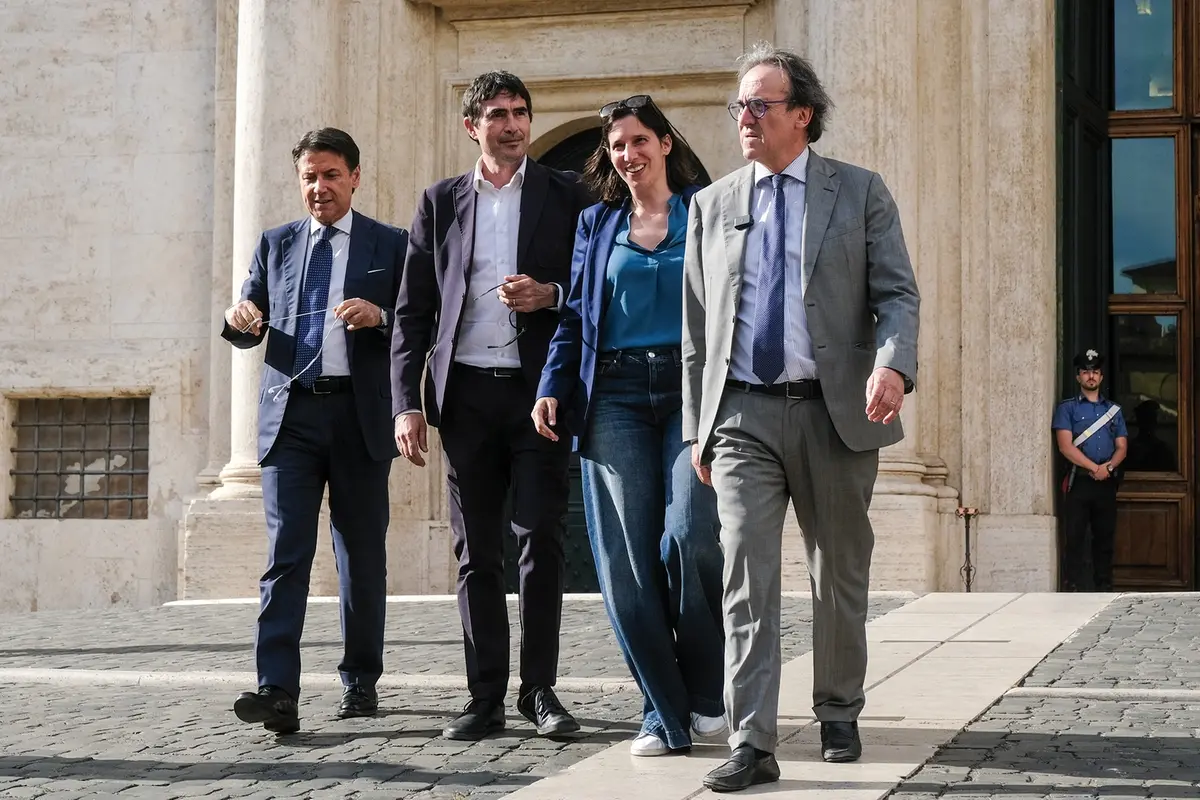 Angelo Bonelli AVS, Elly Schlein PD , Giuseppe Conte M5S , Nicola Fratoianni AVS annunciano la manifestazione nazionale pro Gaza per il 7 giugno prossimo , LAPRESSE