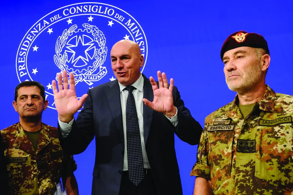 Il Ministro della Difesa Giuido Crosetto con il Gen. Francesco Paolo Figliuolo e il Gen. Giovanni Maria Iannucci in occasione della conferenza stampa sulla situazione in Libano e coinvolgimento del contingente UNIFIL , LaPresse