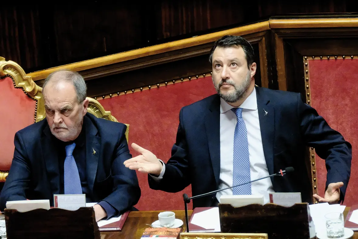 Foto Mauro Scrobogna/LaPresse 15-02-2024 Roma (Italia) Politica - Senato, interrogazioni a risposta immediata - Nella foto: il Ministro dei trasporti e infrastrutture Matteo Salvini, Roberto Calderoli Ministro agli Affari regionali e autonomia durante il question time February 15, Rome (Italy) Politics - Senate, questions with immediate answer - In the photo: the Minister of Transport and Infrastructure Matteo Salvini, Roberto Calderoli Minister of Regional Affairs and Autonomy during question time , LaPresse