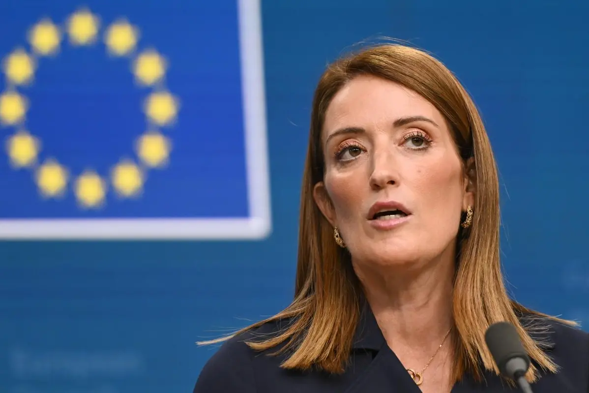 European Parliament President Roberta Metsola speaks during a media conference at an EU Summit in Brussels, Thursday, Oct. 23, 2025. (AP Photo/Harry Nakos) Associated Press/LaPresse , APN