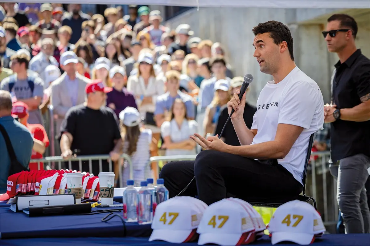 Charlie Kirk speaks before he is shot during Turning Point\\'s visit to Utah Valley University in Orem, Utah, Wednesday, Sept. 10, 2025. (Tess Crowley/The Deseret News via AP) , APN