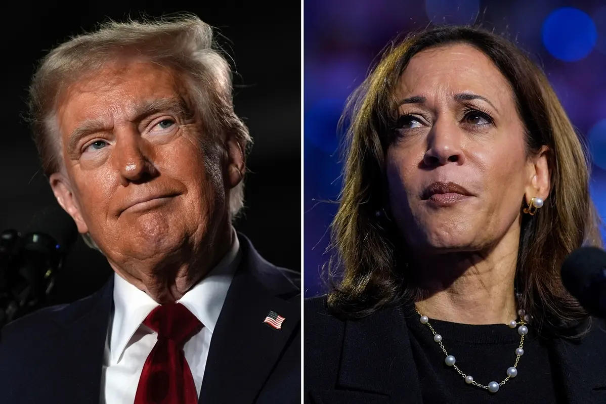 This combination of file photos shows Republican presidential nominee former President Donald Trump speaking a campaign rally in Warren, Mich., on Nov. 1, 2024, and Democratic presidential nominee Vice President Kamala Harris, left, speaking at a campaign rally in Madison, Wis., on Oct. 30, 2024. (AP Photo)