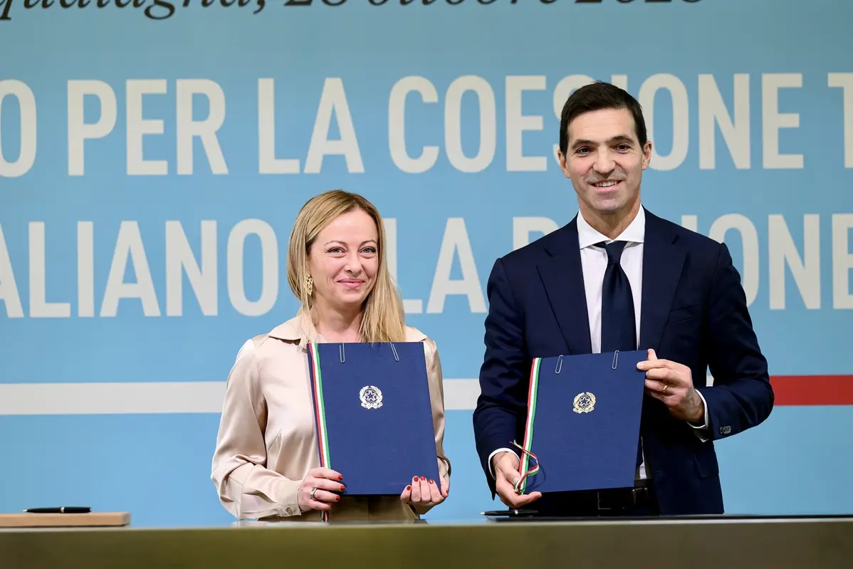 GIORGIA MELONI PRESIDENTE DEL CONSIGLIO FRANCESCO ACQUAROLI PRESIDENTE REGIONE MARCHE , IMAGOECONOMICA
