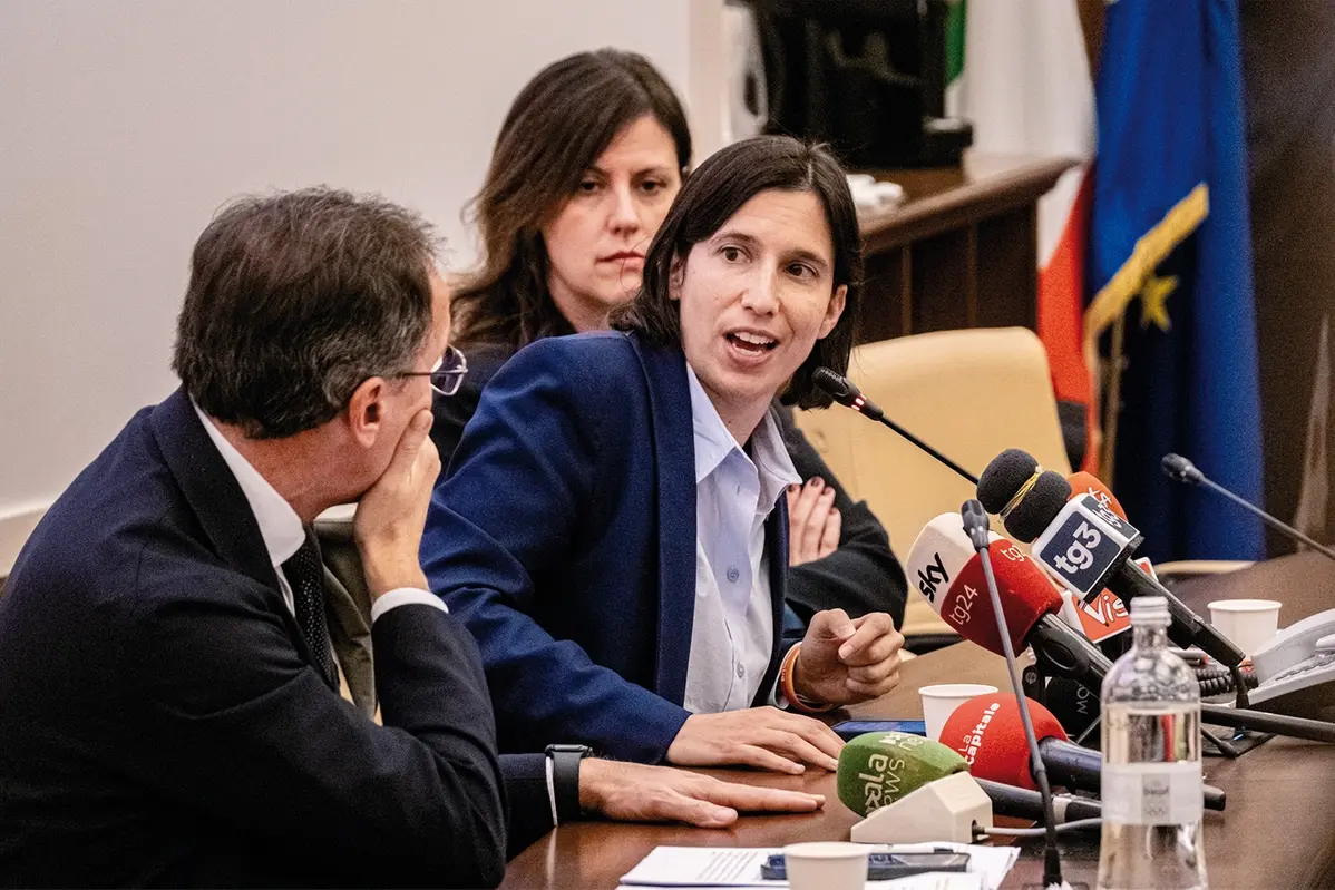 La segretaria PD Elly Schlein, Francesco Boccia, Chiara Braga, in conferenza stampa dopo il voto sul disegno di legge costituzionale su norme in materia di ordinamento giurisdizionale e di istituzione della Corte disciplinare (riforma Magistratura) , LAPRESSE