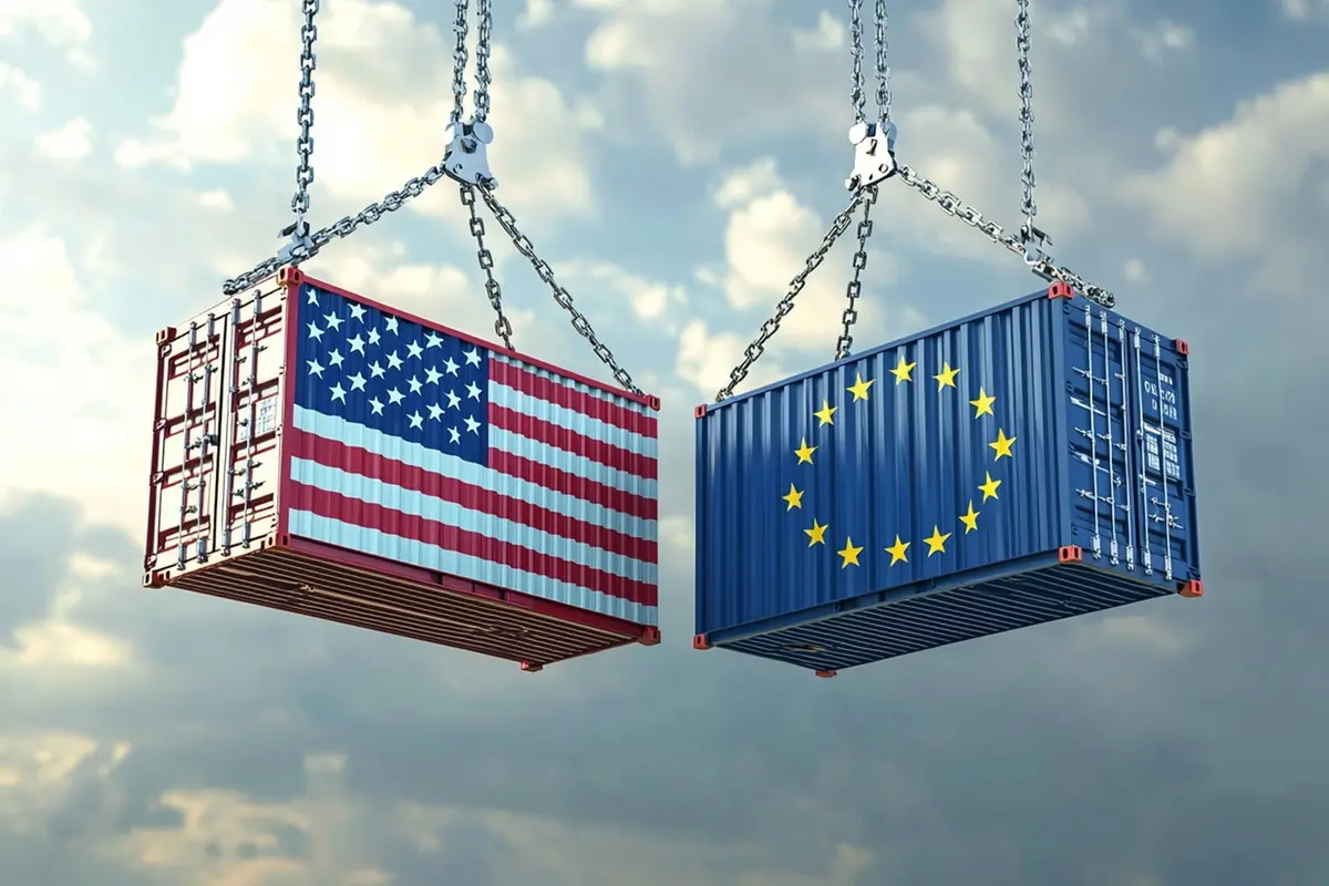 DAZI EUROPA USA GUERRA COMMERCIALE MERCI ESPORTAZIONE ESPORTAZIONI CONTAINER GENERATE AI IA , IMAGOECONOMICA