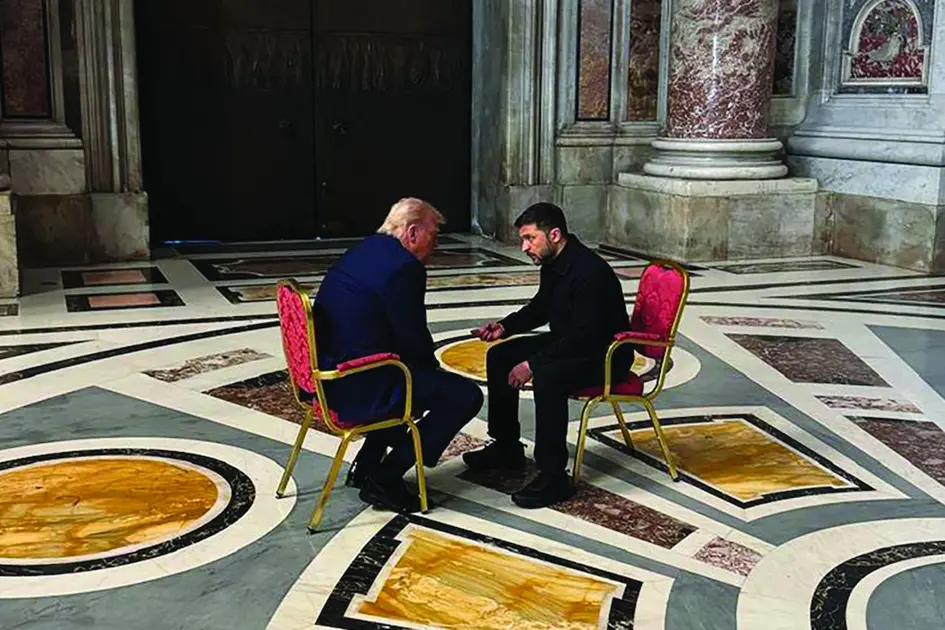 In this photo provided by the Ukrainian Presidential Press Office, Ukraine\\'s President Volodymyr Zelenskyy, right, and President Donald Trump, talk as they attend the funeral of Pope Francis in Vatican, Saturday, April 26, 2025.(Ukrainian Presidential Press Office via AP) , AP