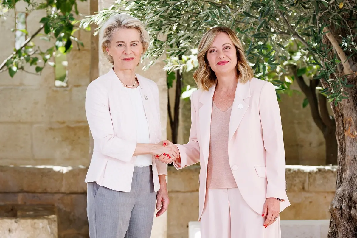 La Presidente del Consiglio Giorgia Meloni e la presidente della Commissione europea Ursula von der Leyen durante la riunione dei Capi di Stato e di Governo dei Paesi G7 a Borgo Egnazia , LAPRESSE