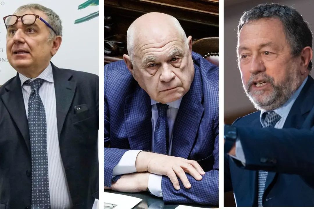 Da sinistra verso destra il presidente dell\\'Anm Giuseppe Santalucia, il ministro della Giustizia Carlo Nordio e il presidente dei penalisti italiani Gian Domenico Caiazza