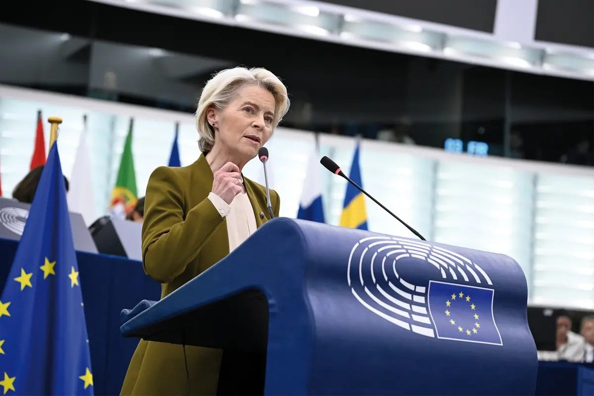 European Commission President Ursula von der Leyen gestures as she delivers a major state of the union speech at the European Parliament in Strasbourg, eastern France, Wednesday, Sept. 10, 2025. (AP Photo/Pascal Bastien) Associated Press / LaPresse Only italy and spain , APN