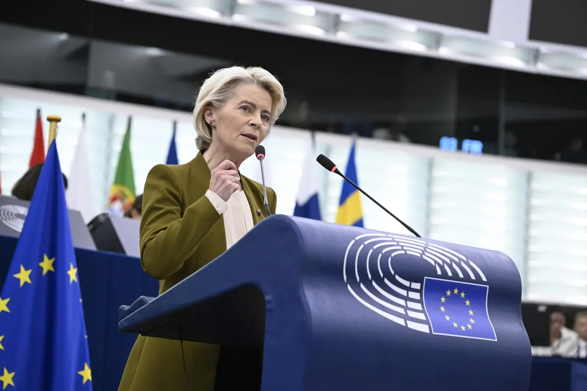European Commission President Ursula von der Leyen gestures as she delivers a major state of the union speech at the European Parliament in Strasbourg, eastern France, Wednesday, Sept. 10, 2025. (AP Photo/Pascal Bastien) Associated Press / LaPresse Only italy and spain , APN
