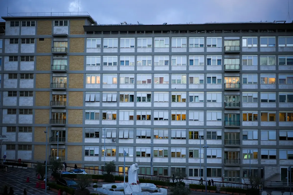 A view of the Agostino Gemelli Polyclinic in Rome, Friday, Feb. 14, 2025, where Pope Francis has been hospitalized to undergo some necessary diagnostic tests and to continue his ongoing treatment for bronchitis. (AP Photo/Andrew Medichini)