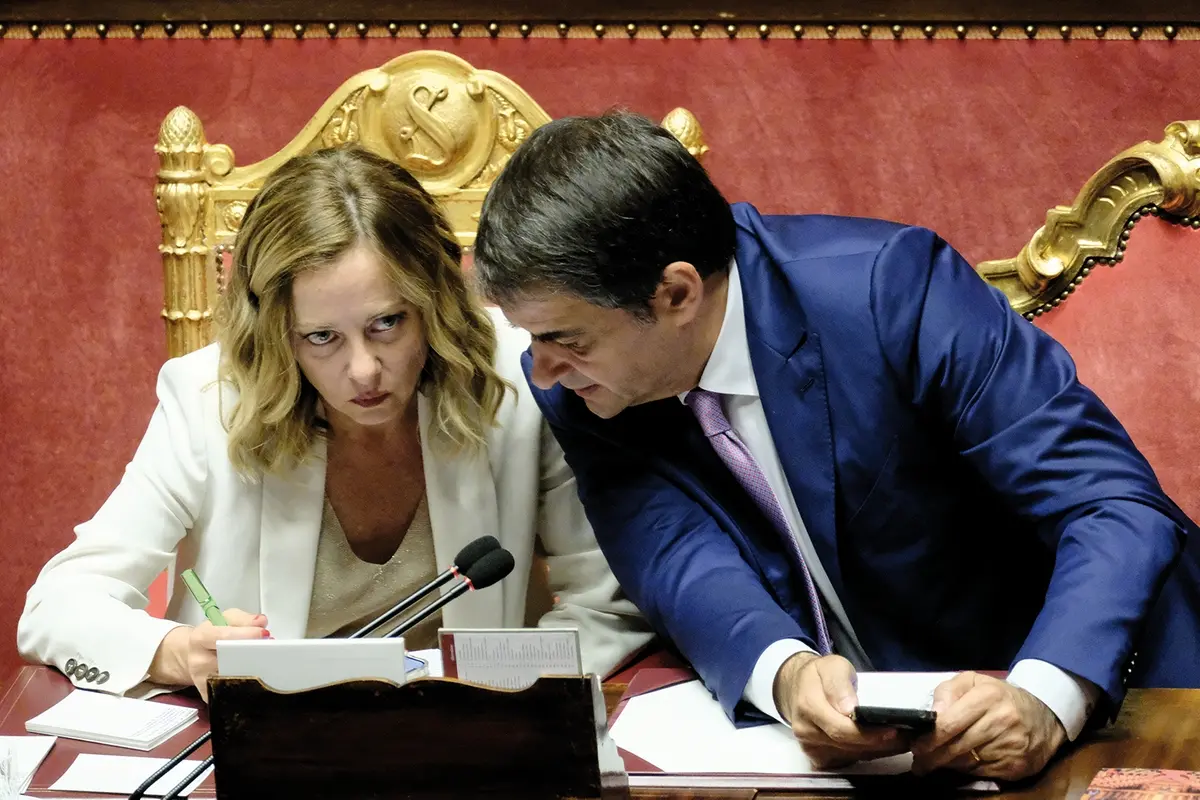 Giorgia Meloni e il Ministro Raffaele Fitto durante la discussione sulle Comunicazioni del Presidente del Consiglio dei ministri in vista del Consiglio europeo del 27 e 28 giugno 2024 , LaPresse