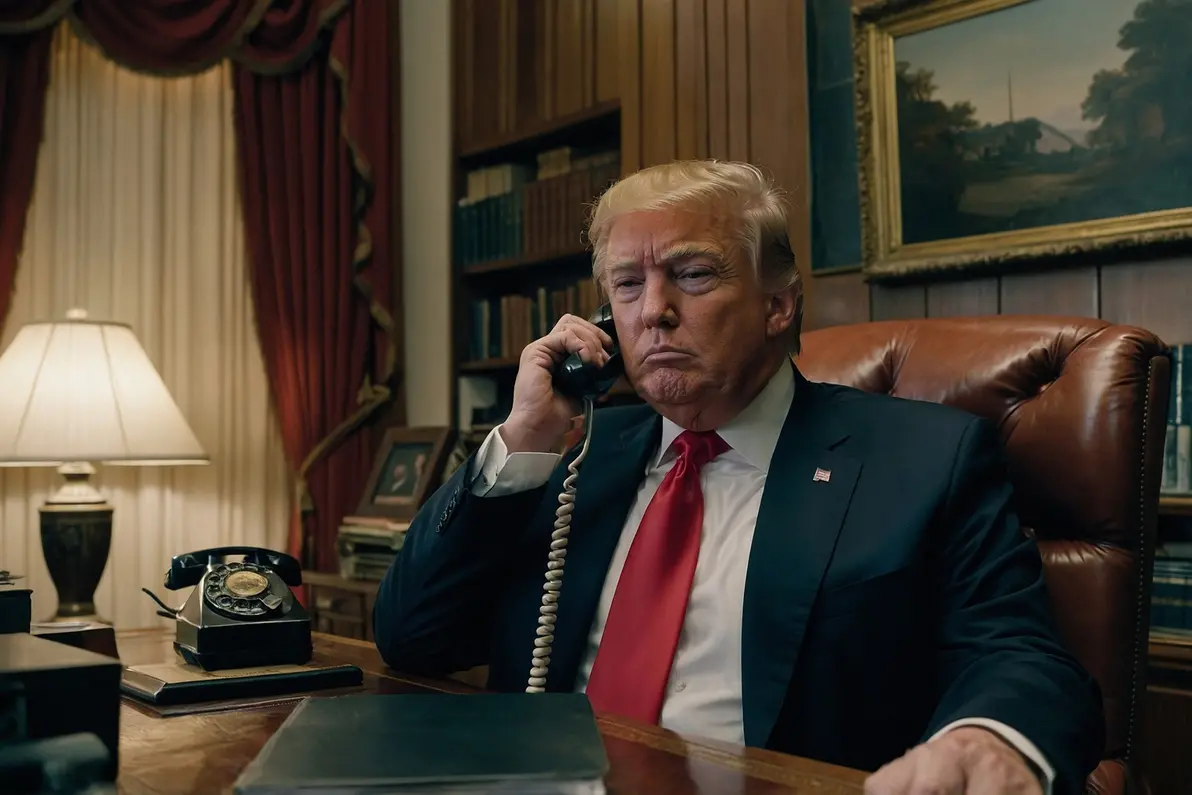 DONALD TRUMP PRESIDENTE STATI UNITI D\\'AMERICA GENERATE AI IA AL TELEFONO , IMAGOECONOMICA