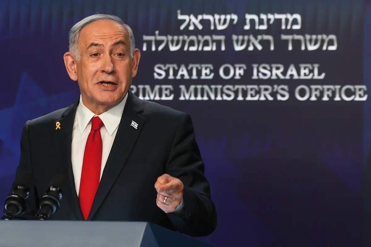 Israeli Prime Minister Benjamin Netanyahu speaks during a press conference in Jerusalem, Wednesday, May 21, 2025. (Ronen Zvulun/Pool Photo via AP) , APN