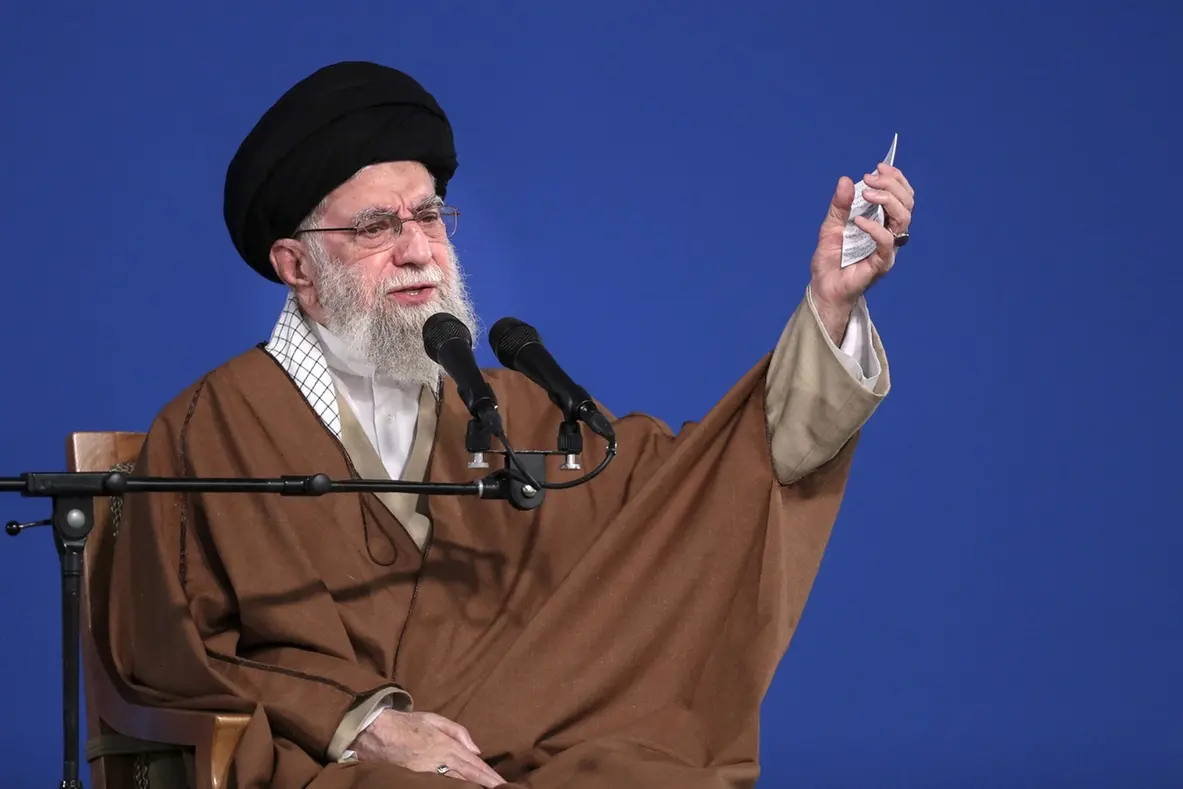 In this photo released by the official website of the office of the Iranian supreme leader, Supreme Leader Ayatollah Ali Khamenei speaks to a group of people and officials in Tehran, Iran, Friday, March 21, 2025. (Office of the Iranian Supreme Leader via AP) , APN