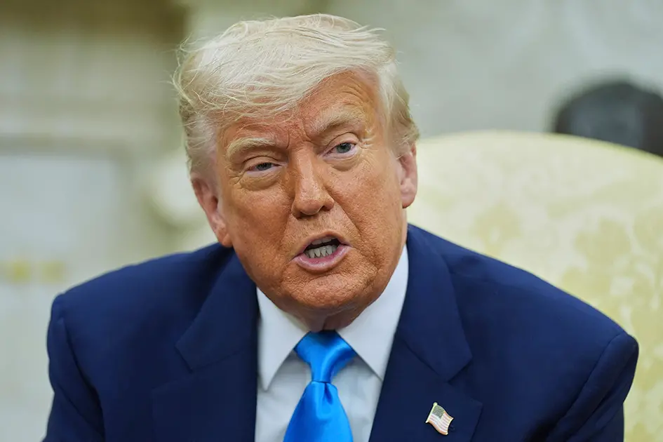 President Donald Trump speaks as he meets with South African President Cyril Ramaphosa in the Oval Office of the White House, Wednesday, May 21, 2025, in Washington. (AP Photo/Evan Vucci) , APN