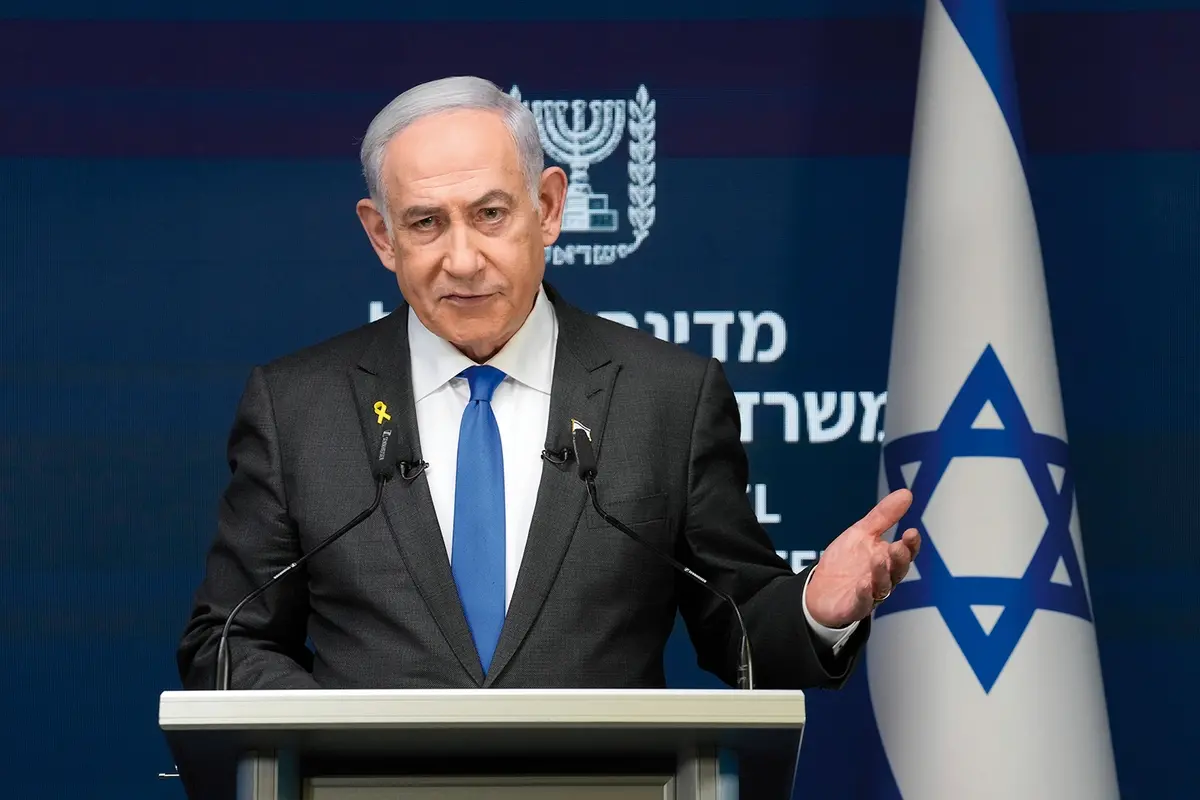 Israeli Prime Minister Benjamin Netanyahu speaks during a news conference in Jerusalem, Monday, Sept. 2, 2024.(AP Photo/Ohad Zwigenberg, Pool) , APN