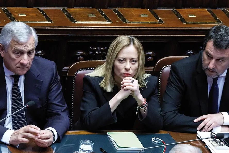 La presidente del Consiglio Giorgia Meloni, il ministro degli Esteri Antonio Tajani (sx) e il ministro delle Infrastrutture Matteo Salvini (dx) nell\\u2019 aula della Camera dei deputati durante la commemorazione di Papa Francesco, Roma, Mercoled\\u00EC, 23 Aprile 2025 (Foto Roberto Monaldo / LaPresse) Prime minister Giorgia Meloni, Foreign minister Antonio Tajani (left) and Infrastructure minister Matteo Salvini (right) at the Chamber of deputies during the commemoration of Pope Francis, Rome, Wednesday Apr. 23, 2025 (Photo by Roberto Monaldo / LaPresse) , LAPRESSE