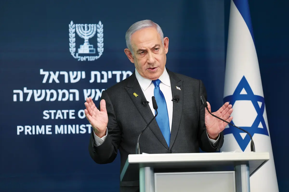 Israeli Prime Minister Benjamin Netanyahu gestures during a press conference at the Government Press office in Jerusalem, Wednesday, Sept. 4, 2024. (Abir Sultan/Pool via AP) , AP