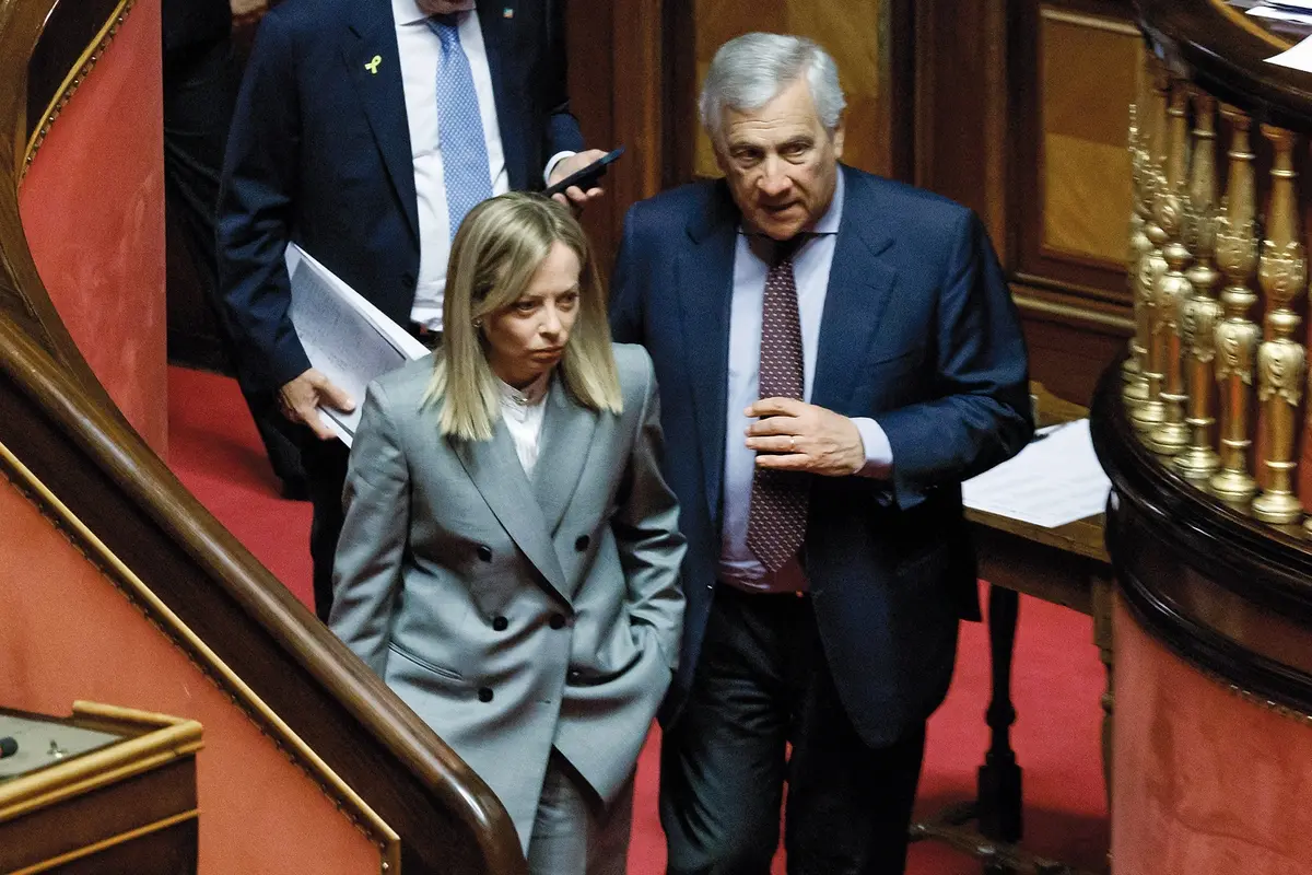La presidente del Consiglio Giorgia Meloni e il ministro degli Esteri Antonio Tajani al Senato durante le comunicazioni sul prossimo Consiglio europeo del 26 e 27 giugno, Roma, Marted\\u00C3\\u00AC 24 Giugno 2025 (Foto Roberto Monaldo / LaPresse) Premier Giorgia Meloni and Foreign minister Antonio Tajani in the Senate during the address ahead of European Council meeting on 26-27 june, Rome, Tuesday, June 24, 2025 (Photo by Roberto Monaldo / LaPresse) , LAPRESSE