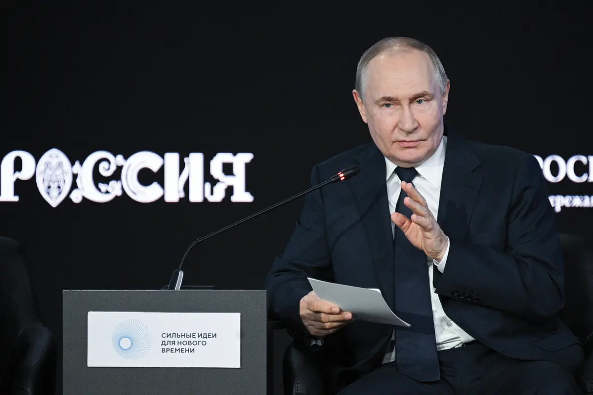 Russian President Vladimir Putin speaks during a plenary session of the 5th annual forum Strong Ideas for a New Time hosted by the autonomous non-profit organisation Agency for Strategic Initiatives to Promote New Projects (ASI) in Moscow, Russia, Thursday, July 3, 2025. (Ramil Sitdikov, Sputnik, Kremlin Pool Photo via AP) , APN
