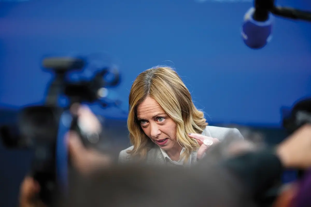 Italy\\'s Prime Minister Giorgia Meloni speaks with the media as she arrives for an EU Summit at the Puskas Arena in Budapest, Hungary, Friday, Nov. 8, 2024. (AP Photo/Petr David Josek) , APN