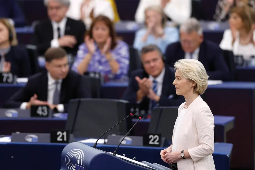 European Commission President Ursula von der Leyen addresses the plenary at the European Parliament in Strasbourg, eastern France, Thursday, July 18, 2024. Ursula von der Leyen was making her final pitch Thursday to lawmakers at the European Parliament ahead of a vote on whether to grant her a second five-year term as president of the European Union\\\\\\'s executive commission. (AP Photo/Jean-Francois Badias) Associated Press / LaPresse Only italy and Spain , APN