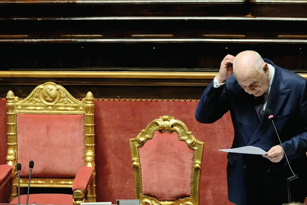 Il Ministro della Giustizia Carlo Nordio in occasione Informativa dei Ministri dell\\'interno e della giustizia in merito alla vicenda del cittadino libico Najeem Osema Almasri Habish capo della polizia giudiziaria libica. Senato a Roma, Mercoled\\u00EC 05 Febbraio 2025 (foto Mauro Scrobogna / LaPresse) Minister of Justice Carlo Nordio on the occasion of the Briefing of the Ministers of the Interior and Justice regarding the case of the Libyan citizen Najeem Osema Almasri Habish, head of the Libyan judicial police. Senate in Rome, Wednesday February 05 2025. (Photo by Mauro Scrobogna / LaPresse) , LAPRESSE